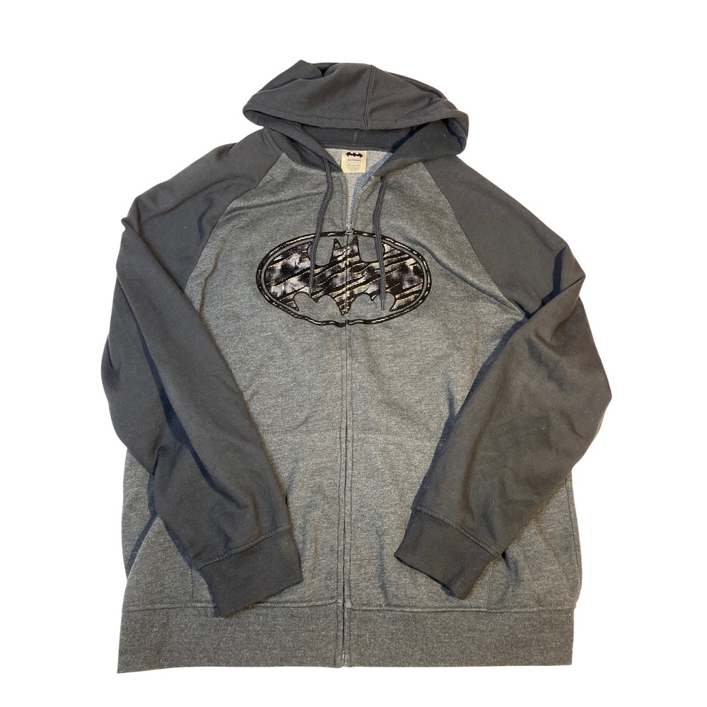 Batman DC Comics Mens 2XL Grey Raglan Zip Up Graphic Hoodie Sweatshirt